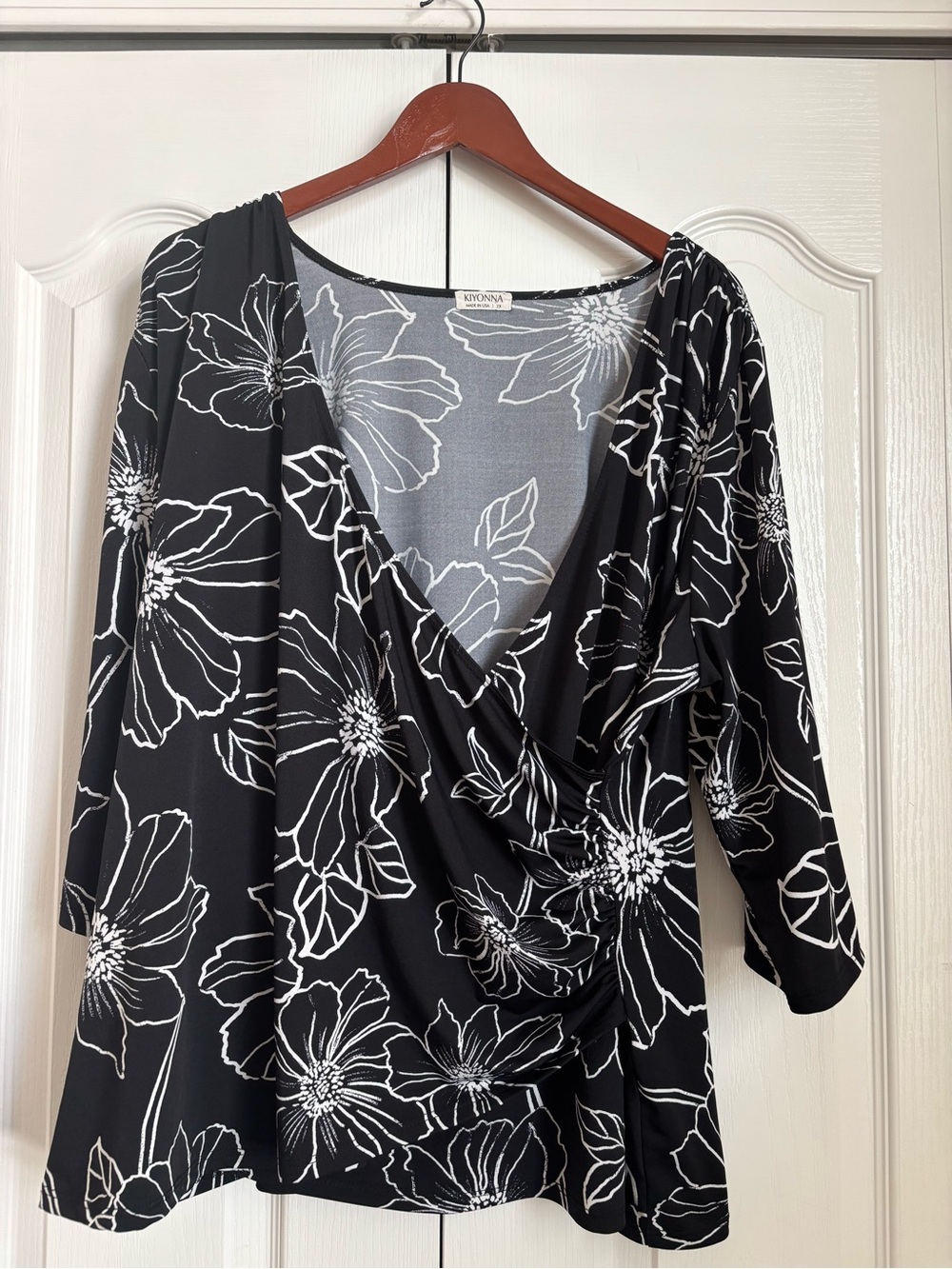 Kiyonna Black and White Floral Draped V-Neck Blouse